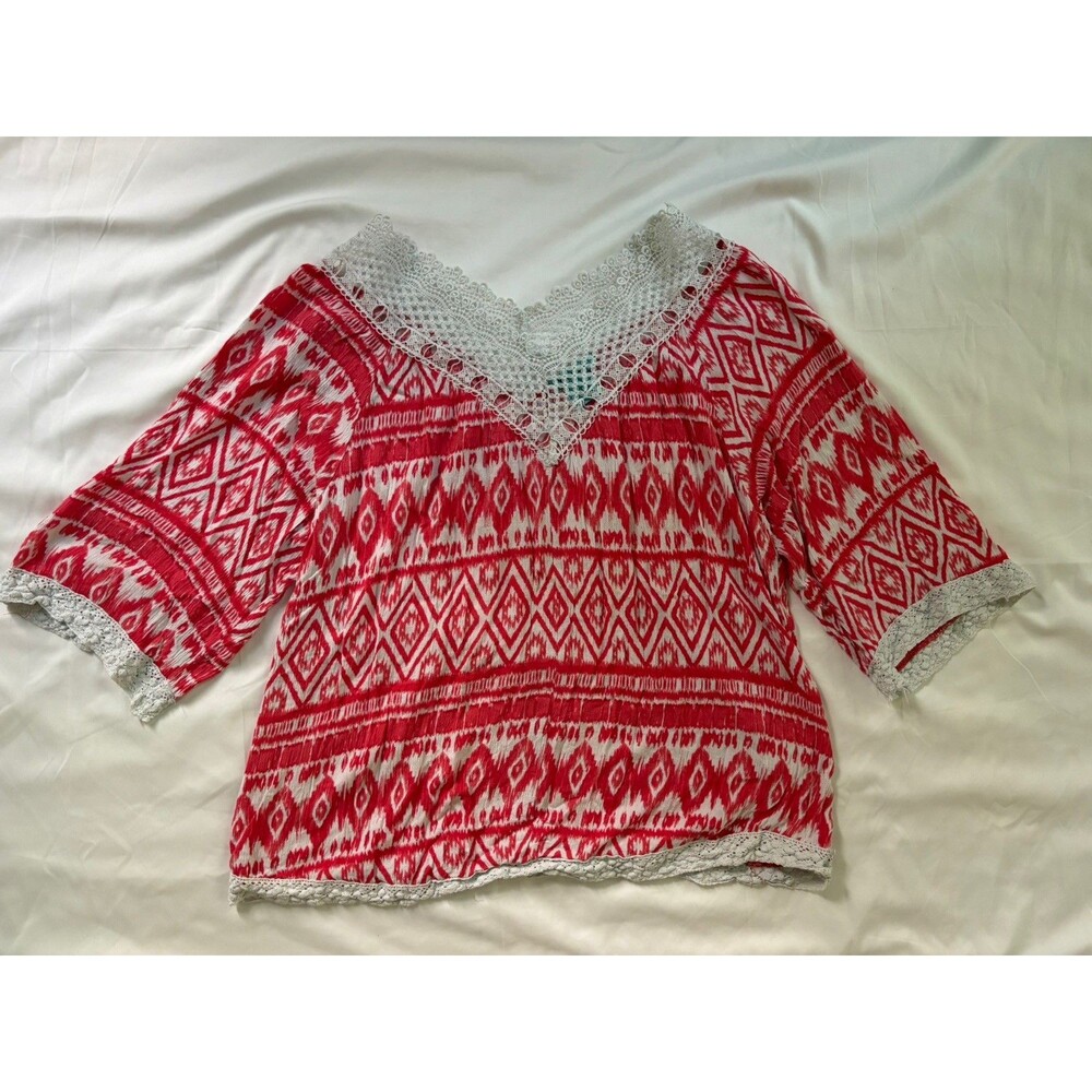 Boho Blouse With Off White Embroidery & Crochet Trim Size 3XL Festival Chic